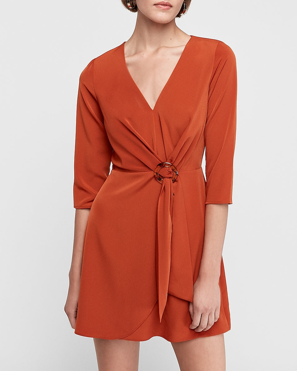 Express | O-Ring Wrap Front Shift Dress in Rust | Express Style Trial